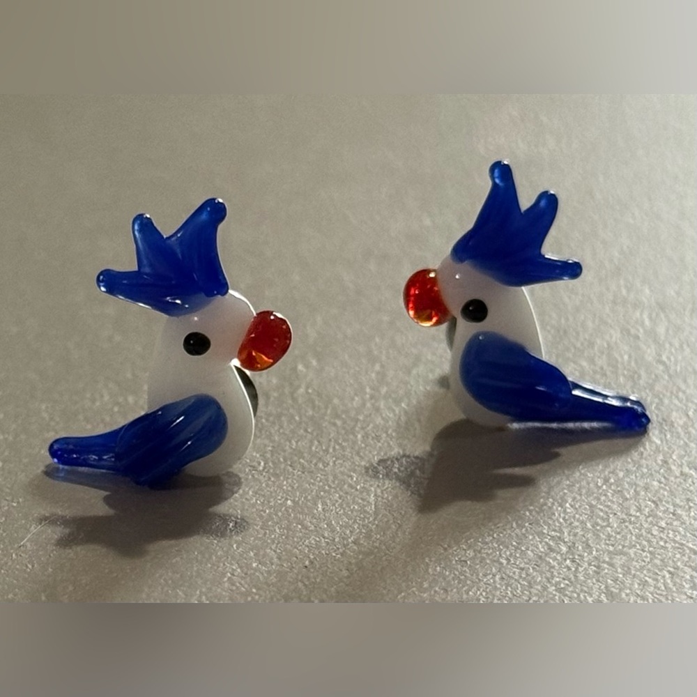 New Blue and White Glass Bird Earrings.